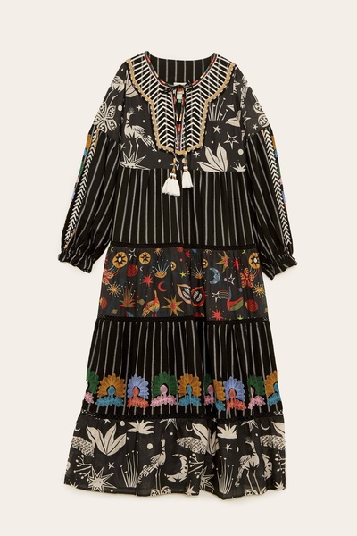 black mixed prints embroidered maxi dress