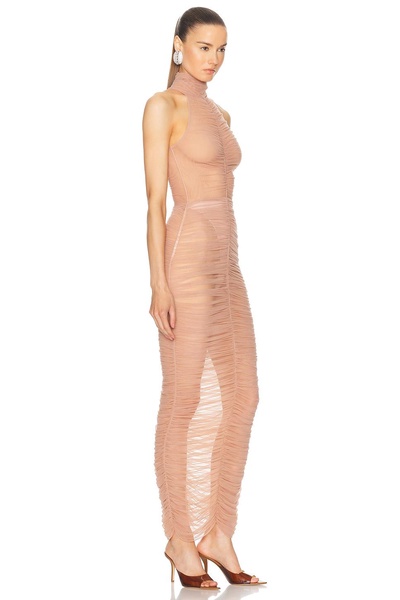 Ruched Mesh Maxi Dress