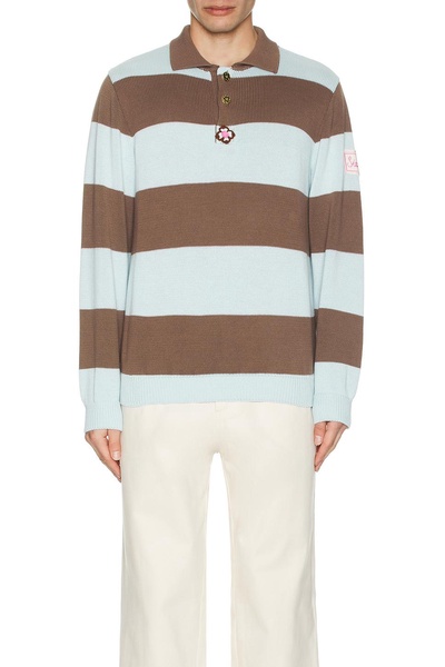 Ole Flower Crochet Detailed Striped Polo Sweater