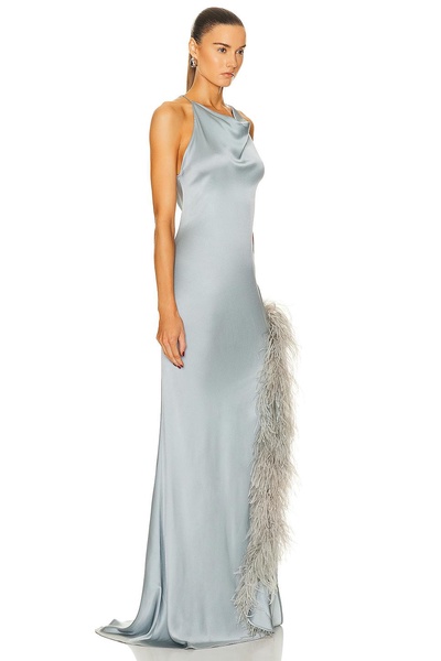 Doubleface Satin Halter Cowl Neck Ostrich Gown