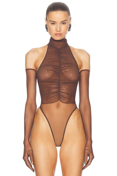 Ruched Mesh Bodysuit With Gloves