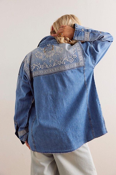 We The Free Lace Embroidered Denim Shirt