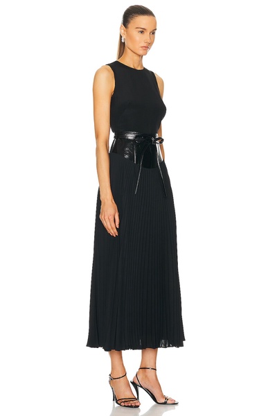 Crew Neck Leather Belt Pleated Dress