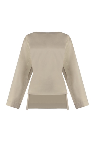 BOTTEGA VENETA Beige Cotton and Silk Poplin Top with Asymmetrical Hem and Ties