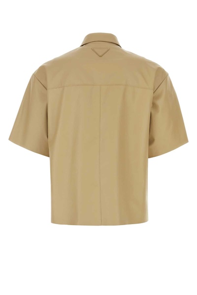 Short-sleeved spread-collar boxy-fit leather shirt