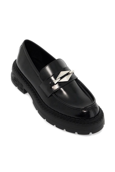 JIMMY CHOO Shiny Leather Loafers with Silver Chain Detail