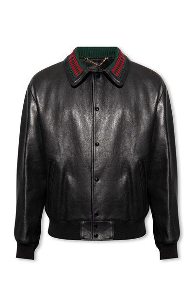 GUCCI Luxurious Black Leather Bomber Jacket with Web Striped Detail for Men - FW23