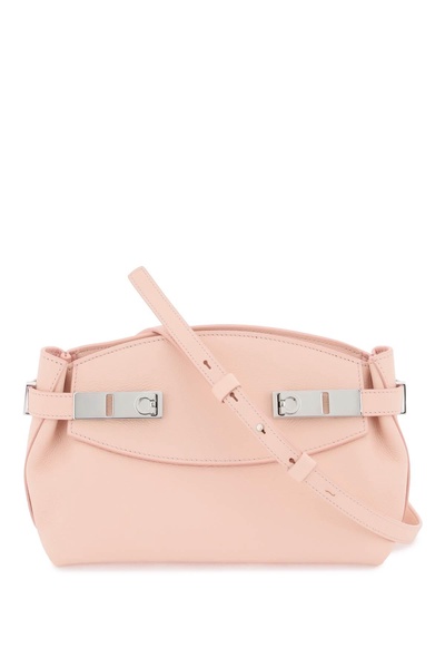 FERRAGAMO Small Hug Pink Leather Pouch Handbag with Gancini Silver-Tone Buckle and Removable Strap