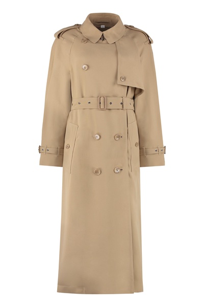 BURBERRY Classic Tan Long Trench Coat with Leather Accents