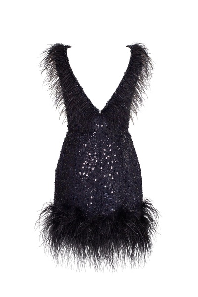 Dramatic cocktail dress on straps decorated with sequins and feathers