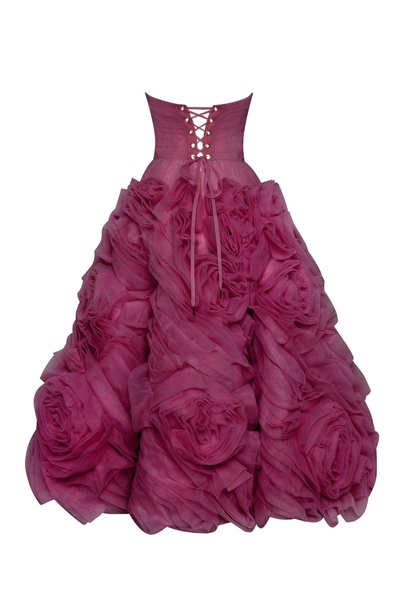 Dramatically flowered tulle dress in wine color