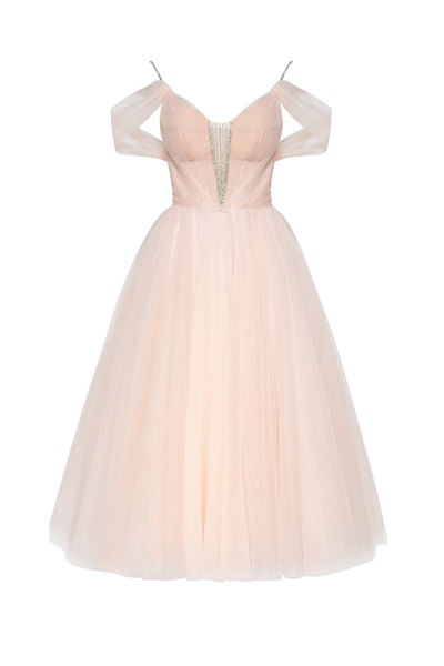 Feminine tulle cocktail dress with the light off-the-shoulder sleeves