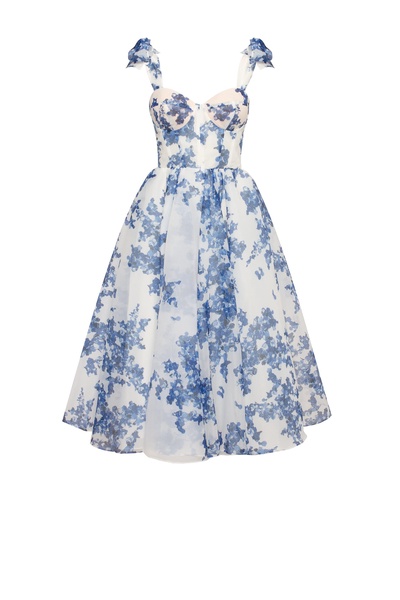 Charming blue hydrangea-patterned organza midi dress, Garden of Eden