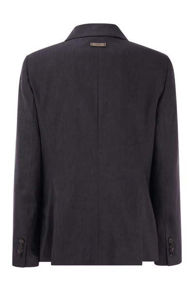 Peserico Wool And Linen Canvas Double-Breasted Blazer in Dark Blue