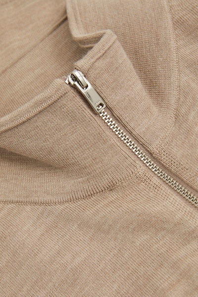 Merino Wool Zip-Through Funnel-Neck Cardigan in Wheat Melange