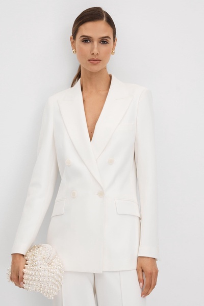 Petite Double Breasted Crepe Suit Blazer in White