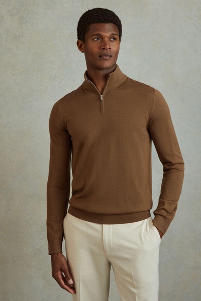 Merino Wool Half-Zip Funnel Neck Jumper in Tobacco Brown