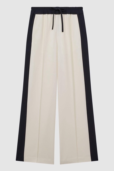 Wide Leg Contrast Stripe Drawstring Trousers in Cream