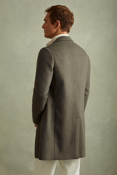 Wool Blend Single Breasted Epsom Overcoat in Green Smoke