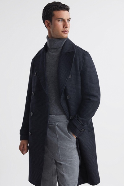 Wool Check Double Breasted Coat in Navy