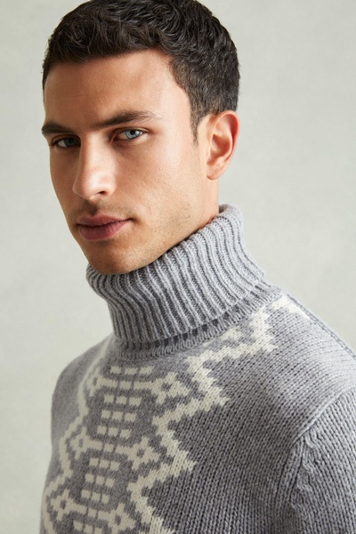 Wool Blend Fair Isle Roll-Neck Jumper in Grey