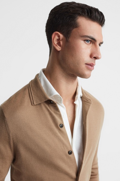 Merino Wool Button-Through Cardigan in Camel