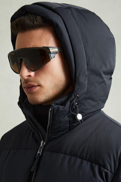 Quilted Longline Puffer Jacket in Navy