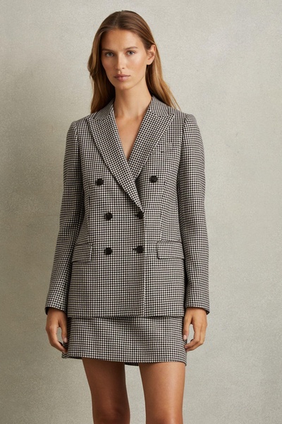 Petite Wool Dogtooth Double Breasted Blazer in Black/White