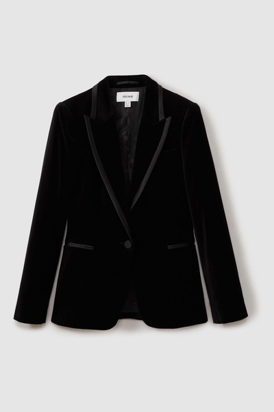 Petite Velvet and Satin Single-Breasted Suit Jacket in Black