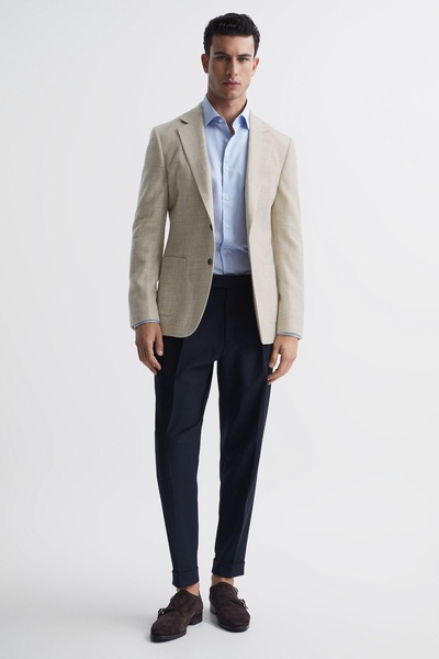 Slim Fit Textured Wool Blend Blazer in Oatmeal