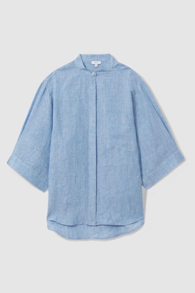 Relaxed Sleeve 100% Linen Shirt in Blue