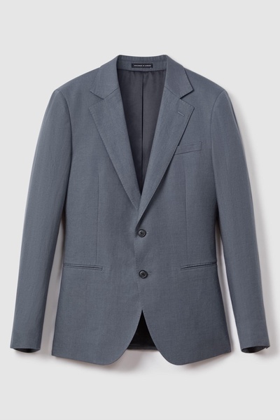 Slim Fit Single Breasted 100% Linen Blazer in Airforce Blue