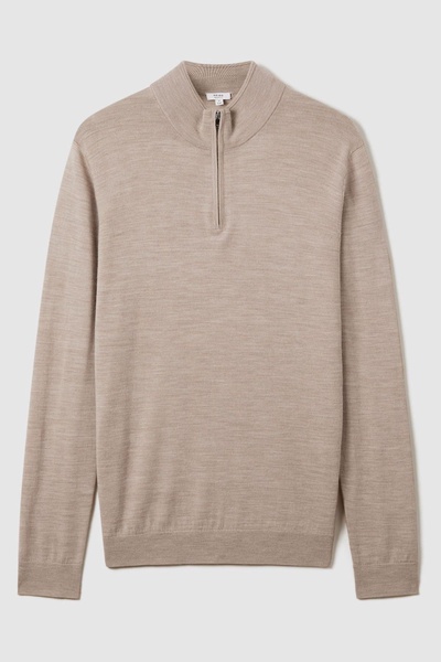 Merino Wool Half-Zip Funnel Neck Jumper in Wheat Melange