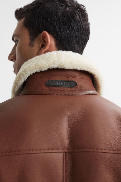 Leather Shearling Button-Through Jacket in Brown