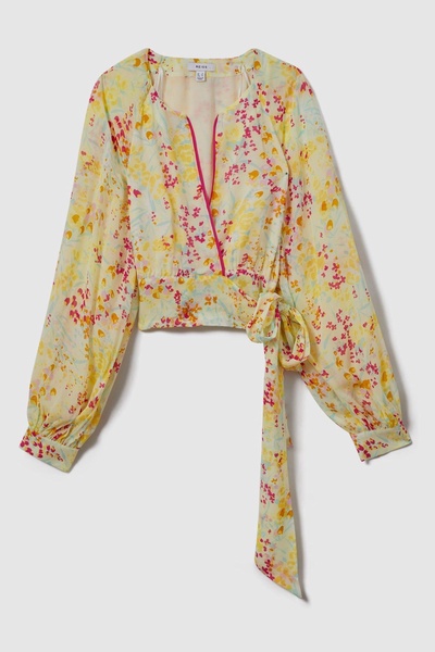 Floral Print Tie Waist Cropped Blouse in Pink/Yellow