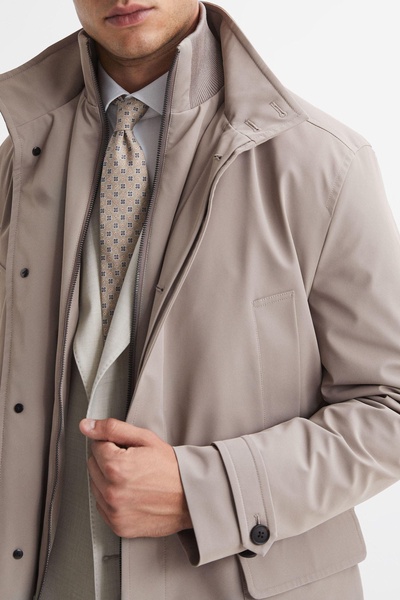 Funnel Neck Removable Insert Jacket in Taupe