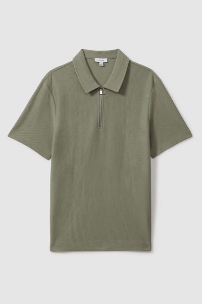 Textured Cotton Half-Zip Polo Shirt in Pistachio