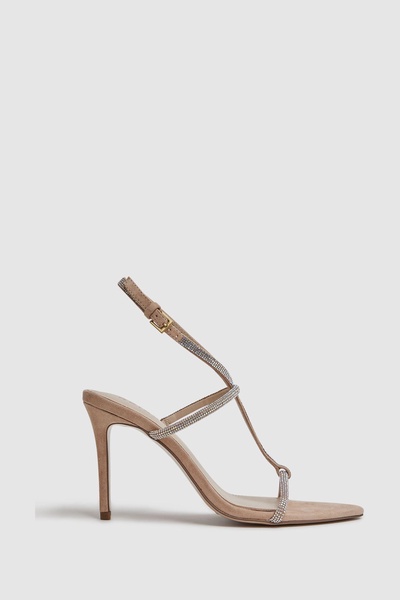 Embellished Suede Heeled Sandals in Nude