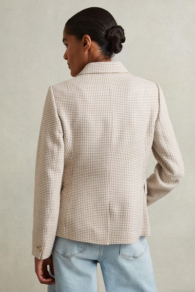 Petite Wool-Blend Double-Breasted Dogtooth Blazer in Beige Check