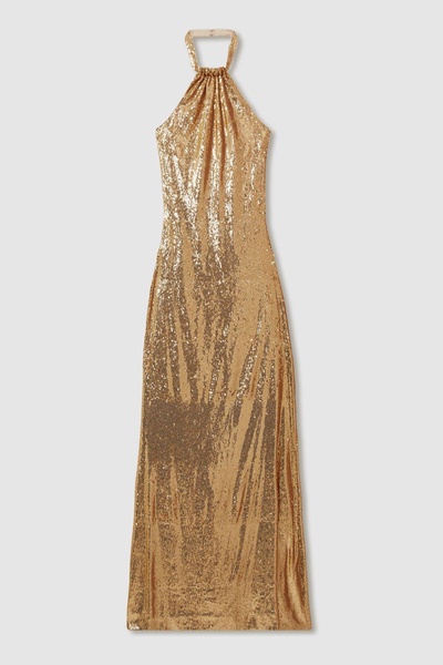 Halston Sequin Halterneck Maxi Dress in Gold