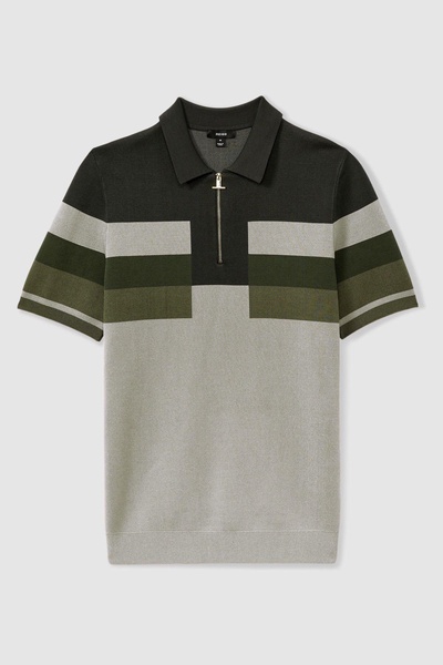 Knitted Colourblock Half-Zip Polo Shirt in Green