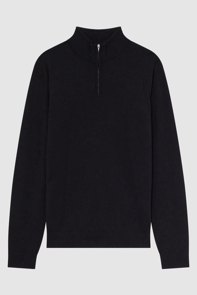 Merino Wool Half-Zip Funnel Neck Jumper in Black