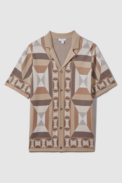 Knitted Cuban Collar Shirt in Camel Multi