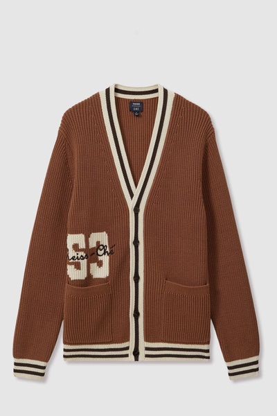 Push Tobacco Brown Ché Embroidered Varsity Cardigan