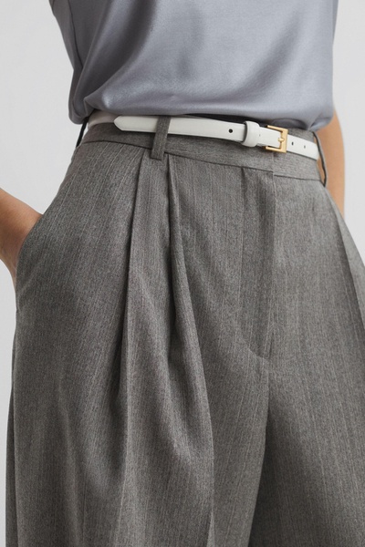 Wool Blend Pinstripe Wide Leg Trousers in Grey