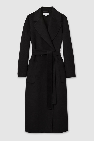 Wool Blend Double Breasted Blindseam Coat in Black