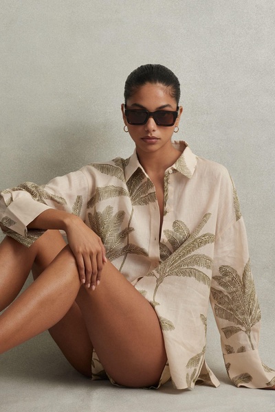 Linen Tropical Print Shirt in Neutral