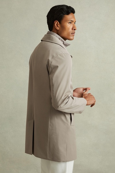 Hybrid Removable Funnel Neck Overcoat in Taupe