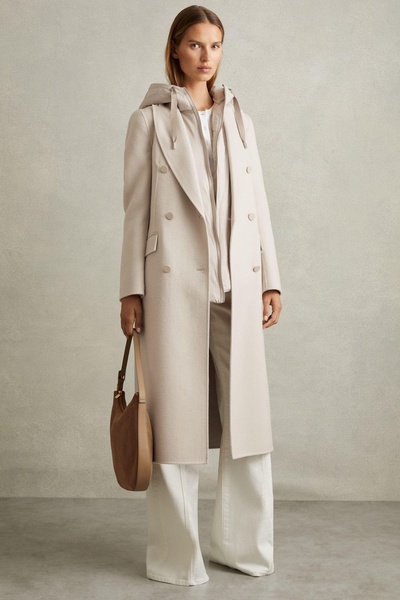 Petite Wool Blend Double Breasted Blindseam Trench Coat in Neutral