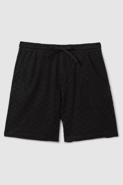 Cotton Blend Crochet Drawstring Shorts in Black